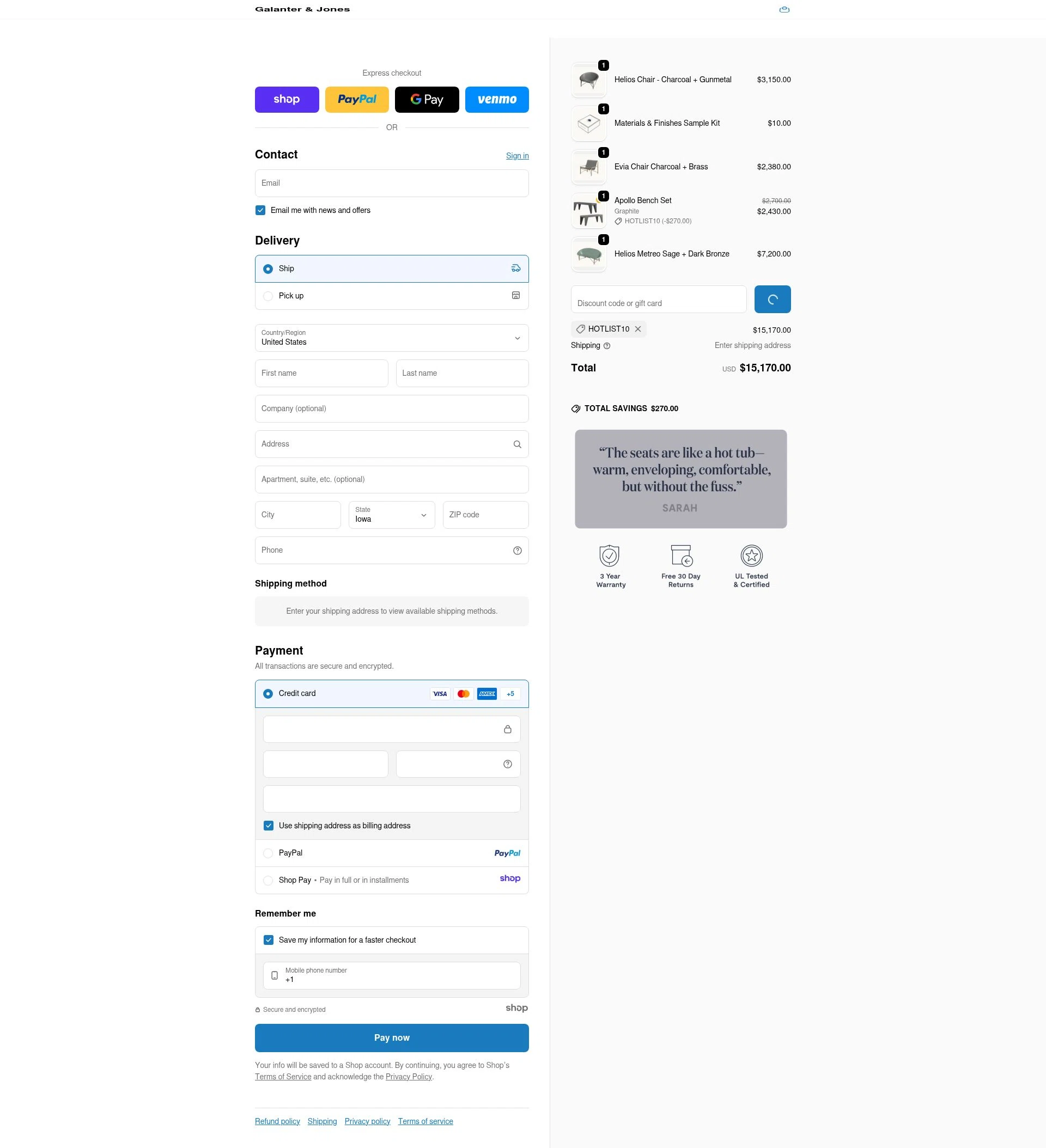 Galanter & Jones checkout page showing Galanter & Jones promo code box | Screenshot taken by SimplyCodes community member on Dec 17, 2025