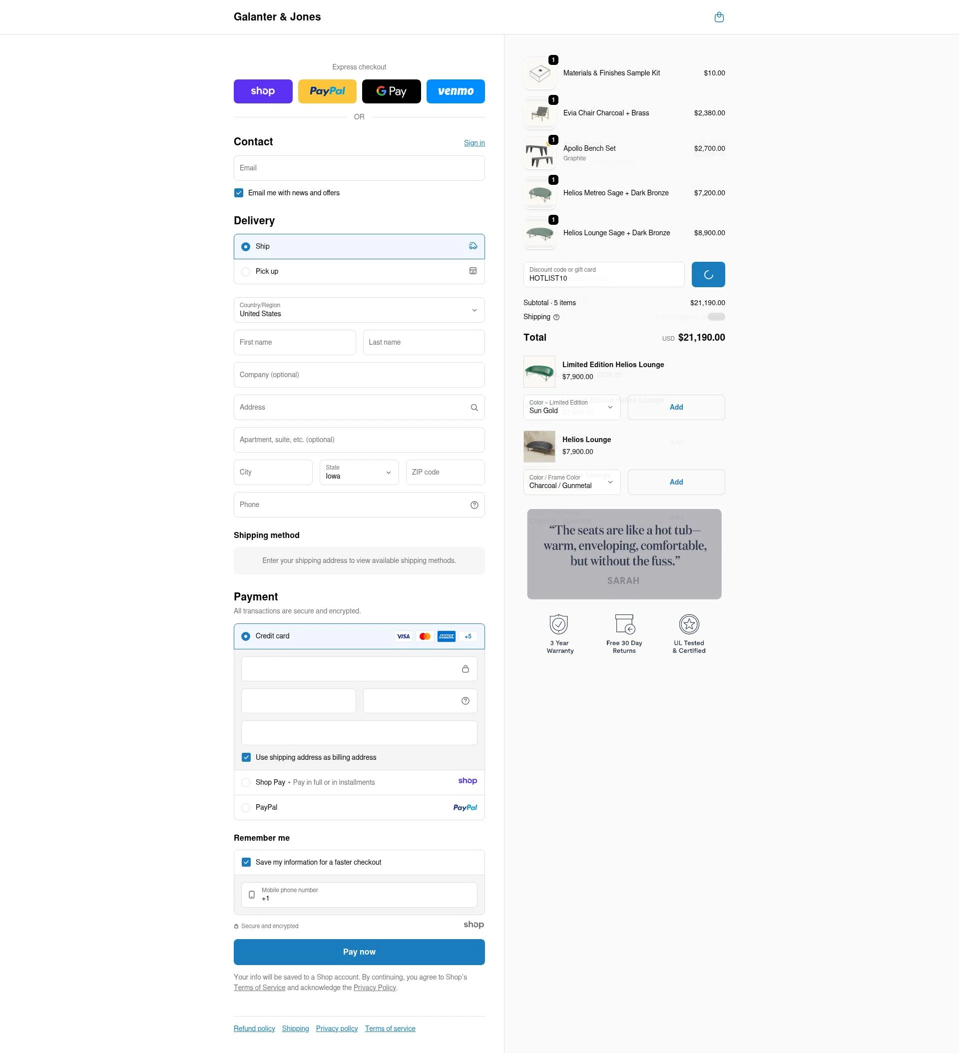 Galanter & Jones checkout page showing Galanter & Jones promo code box | Screenshot taken by SimplyCodes community member on Dec 28, 2025