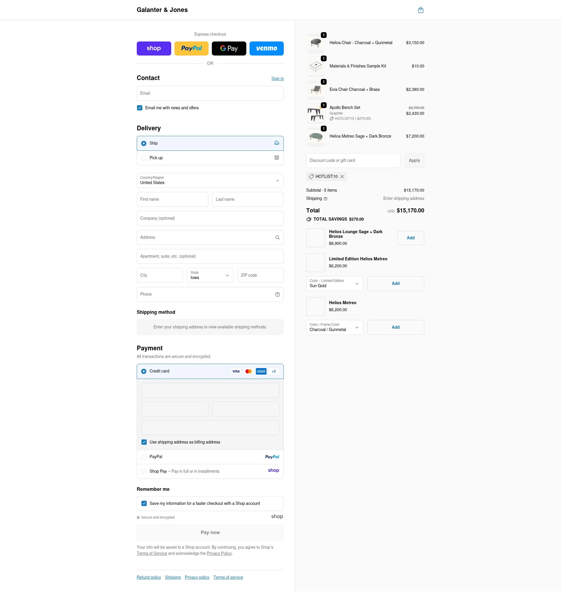 Galanter & Jones checkout page showing Galanter & Jones promo code box | Screenshot taken by SimplyCodes community member on Dec 11, 2025