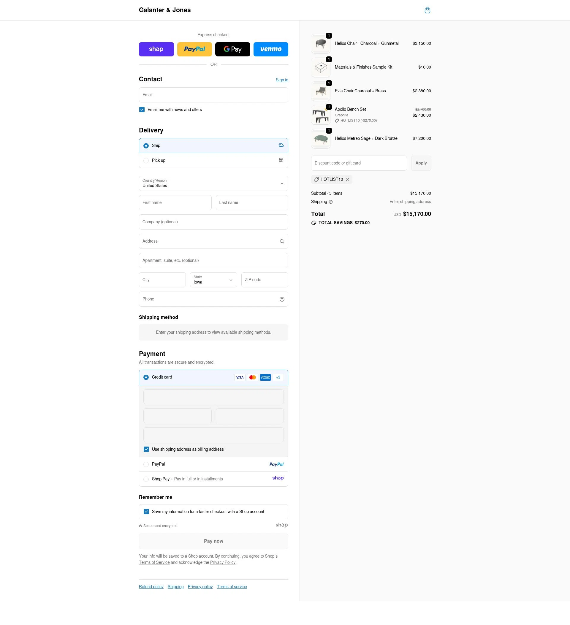Galanter & Jones checkout page showing Galanter & Jones promo code box | Screenshot taken by SimplyCodes community member on Dec 11, 2025