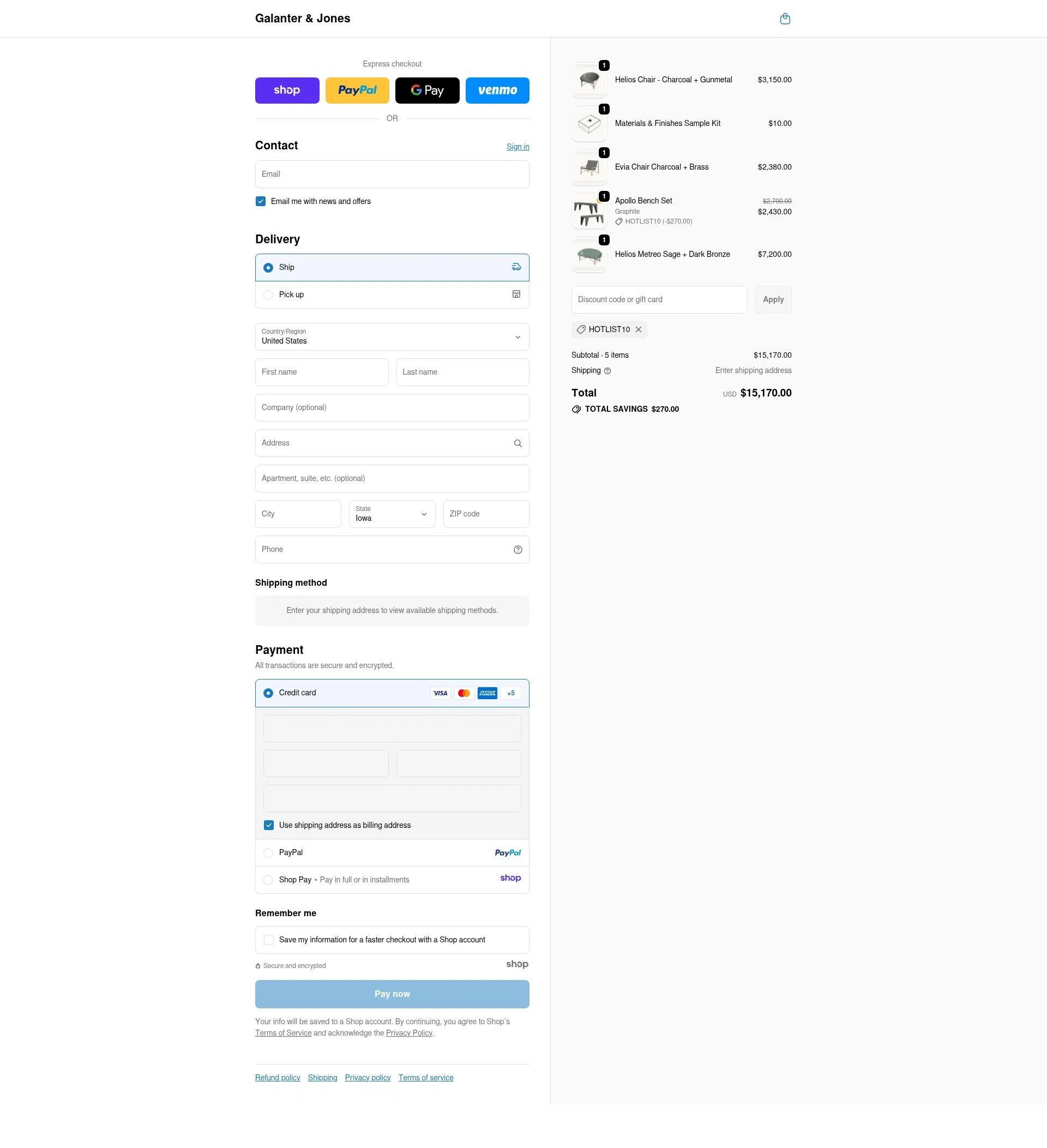 Galanter & Jones checkout page showing Galanter & Jones promo code box | Screenshot taken by SimplyCodes community member on Dec 5, 2025