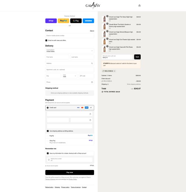 Galartsy checkout page showing Galartsy discount code box | Screenshot taken by SimplyCodes community member on Sep 10, 2025
