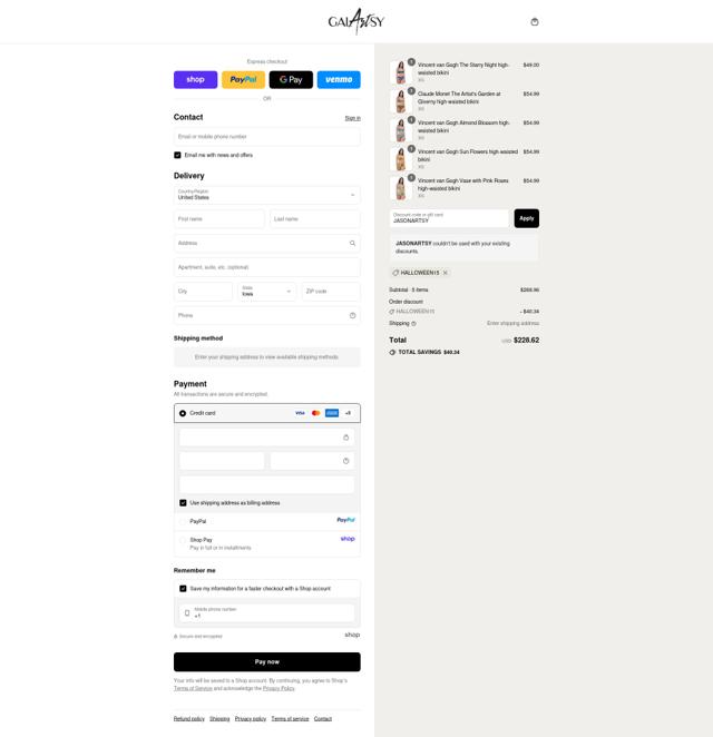 Galartsy checkout page showing Galartsy discount code box | Screenshot taken by SimplyCodes community member on Sep 10, 2025