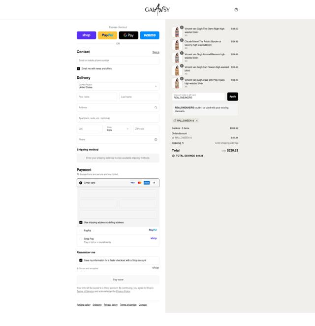 Galartsy checkout page showing Galartsy discount code box | Screenshot taken by SimplyCodes community member on Sep 10, 2025