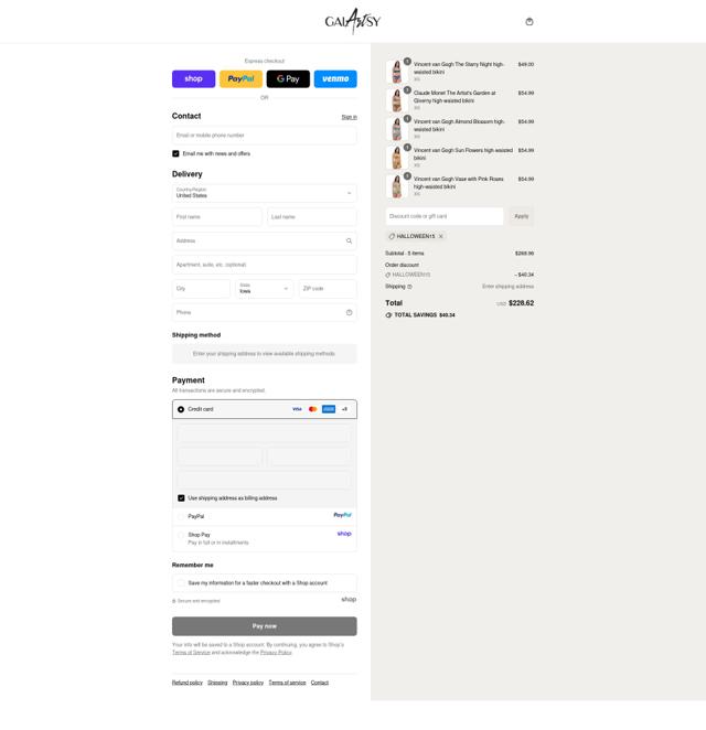 Galartsy checkout page showing Galartsy discount code box | Screenshot taken by SimplyCodes community member on Sep 10, 2025