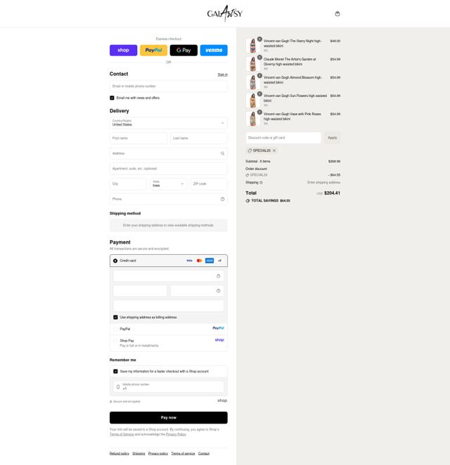 Galartsy checkout page showing Galartsy discount code box | Screenshot taken by SimplyCodes community member on Sep 10, 2025