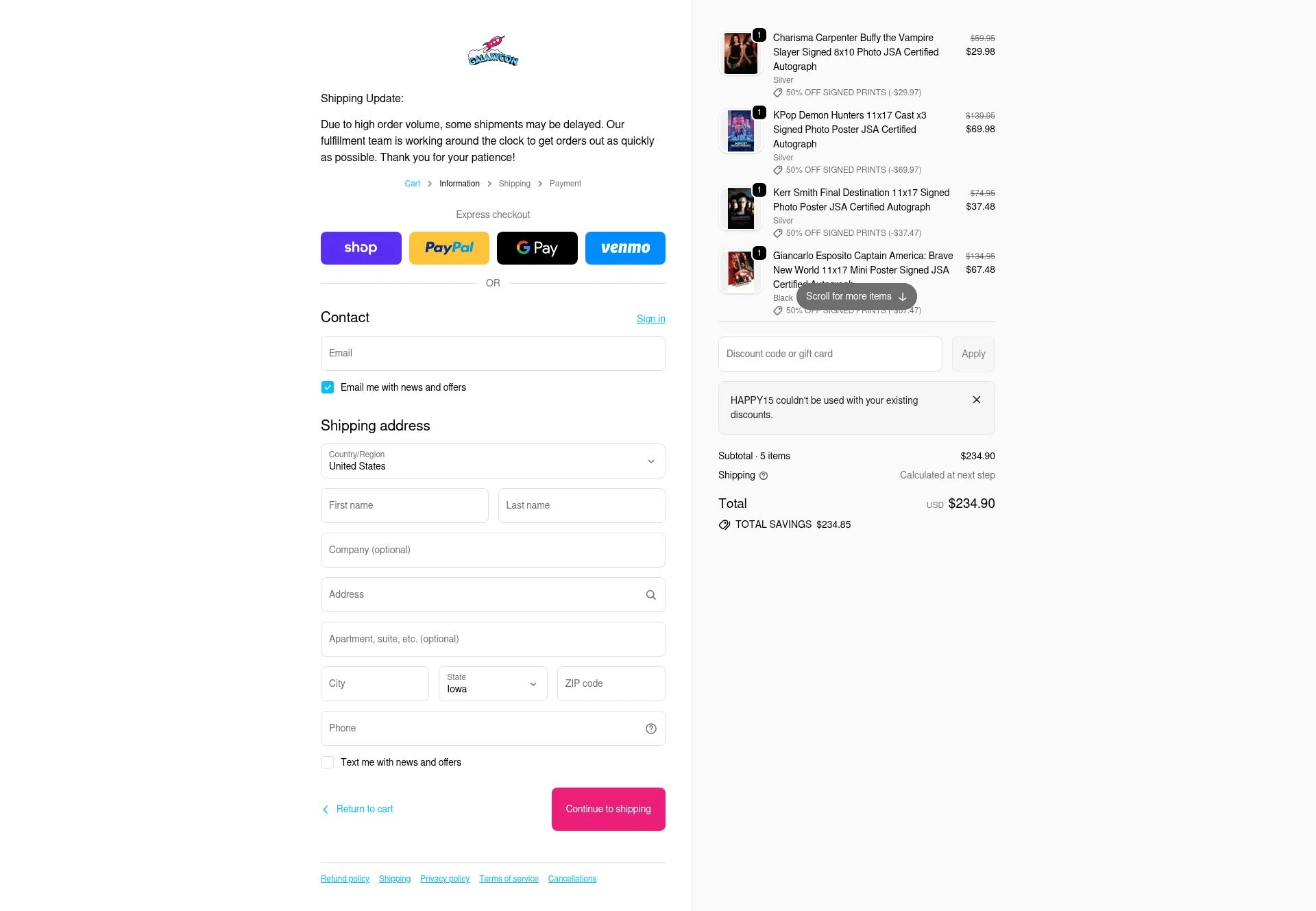 GalaxyCon checkout page showing GalaxyCon discount code box | Screenshot taken by SimplyCodes community member on Feb 8, 2026