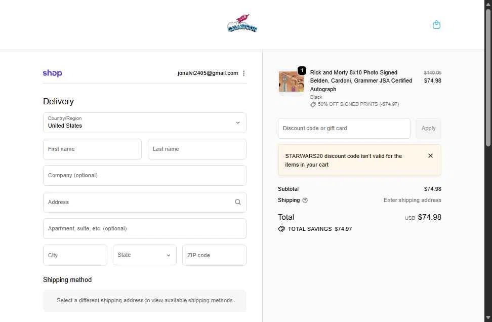 GalaxyCon checkout page showing GalaxyCon discount code box | Screenshot taken by SimplyCodes community member on Feb 8, 2026