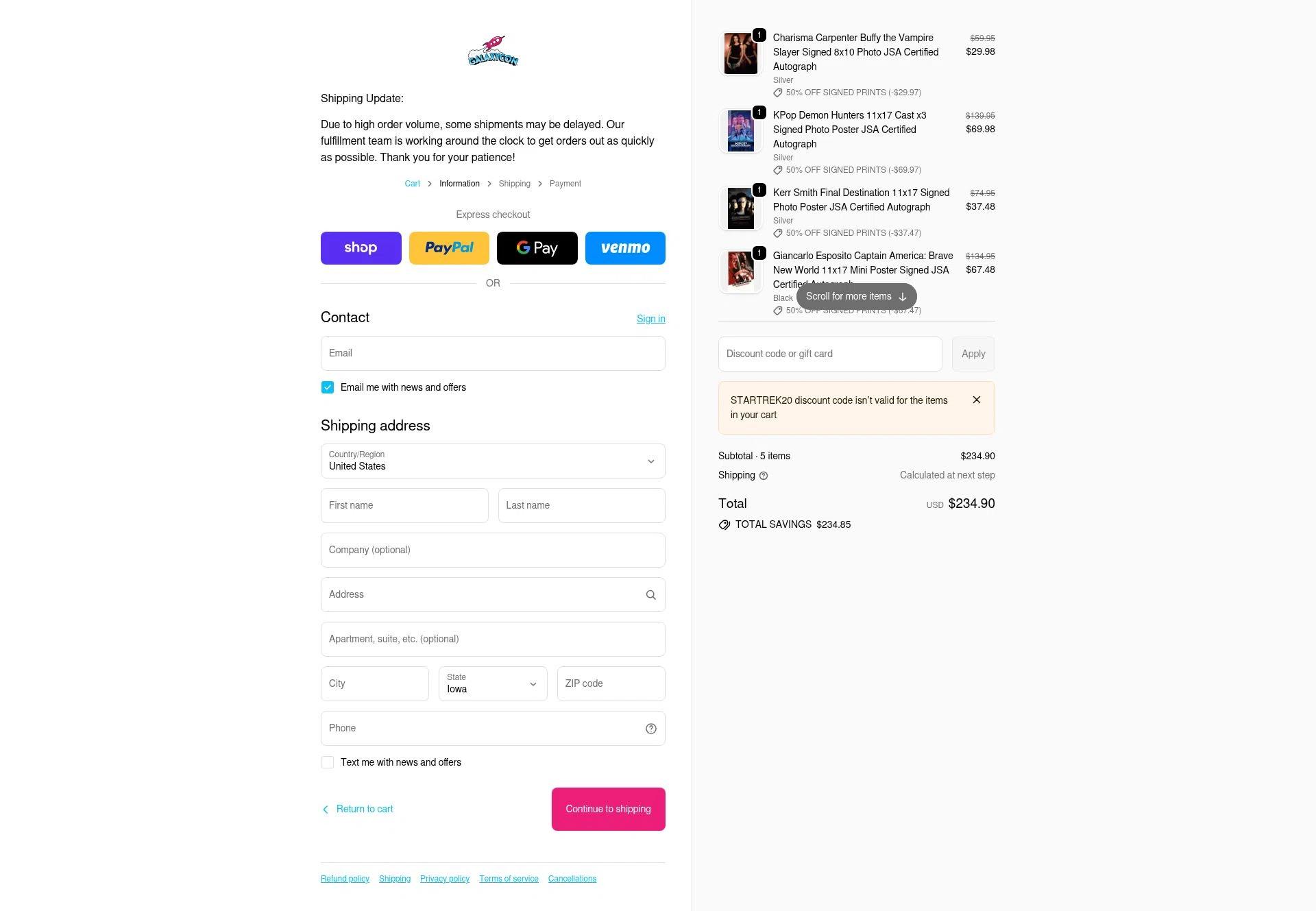 GalaxyCon checkout page showing GalaxyCon discount code box | Screenshot taken by SimplyCodes community member on Feb 8, 2026