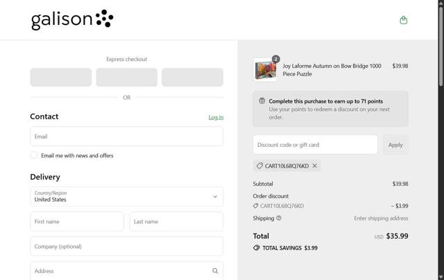 Galison/Mudpuppy checkout page showing Galison/Mudpuppy promo code box | Screenshot taken by SimplyCodes community member on Aug 27, 2025