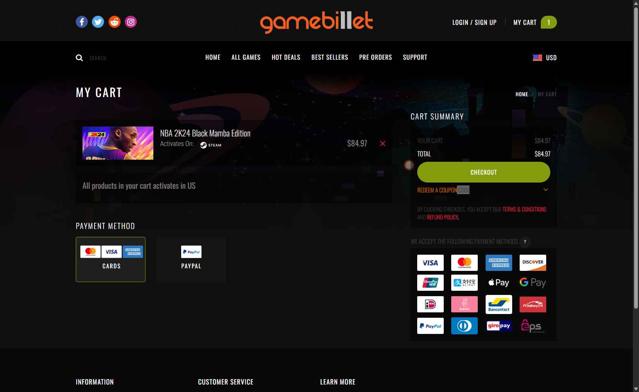 GameBillet checkout page showing GameBillet coupon code box | Screenshot taken by SimplyCodes community member on Sep 6, 2025