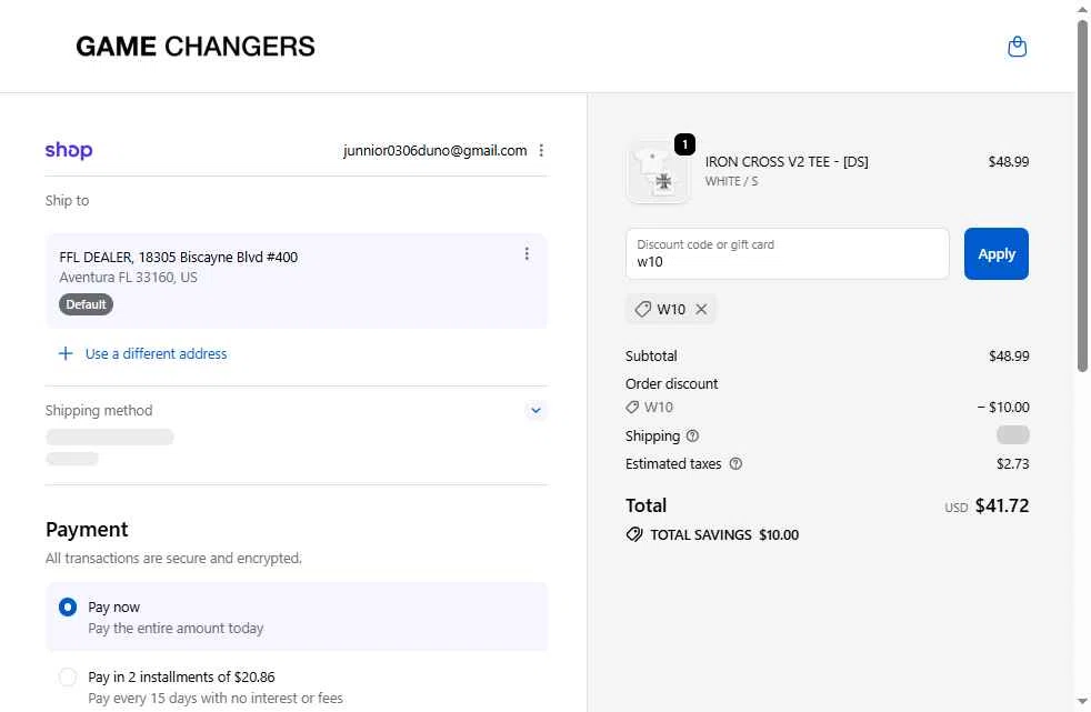 GAME CHANGERS checkout page showing GAME CHANGERS discount code box | Screenshot taken by SimplyCodes community member on Feb 16, 2026