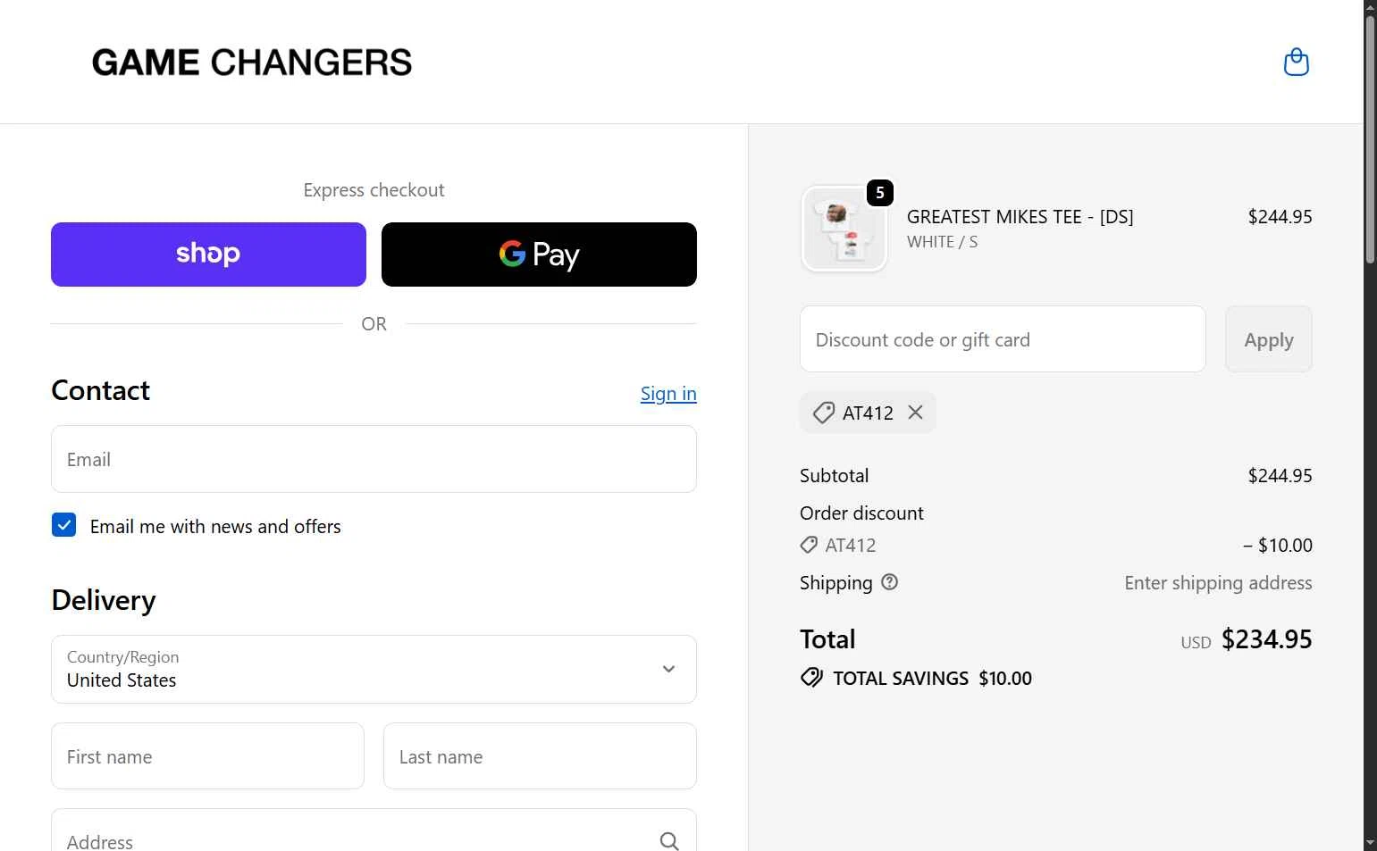 GAME CHANGERS checkout page showing GAME CHANGERS discount code box | Screenshot taken by SimplyCodes community member on Feb 16, 2026