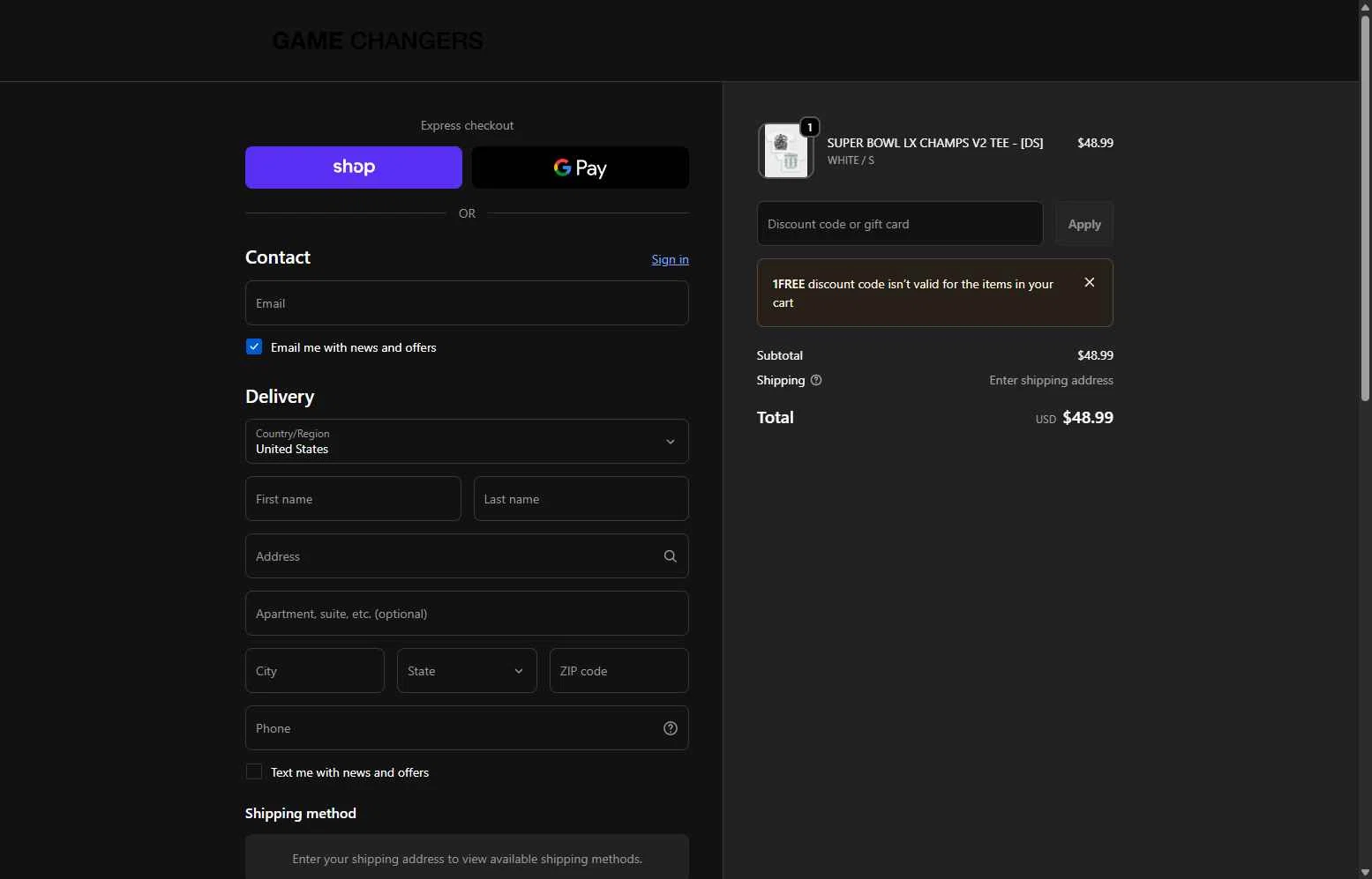 GAME CHANGERS checkout page showing GAME CHANGERS discount code box | Screenshot taken by SimplyCodes community member on Feb 16, 2026