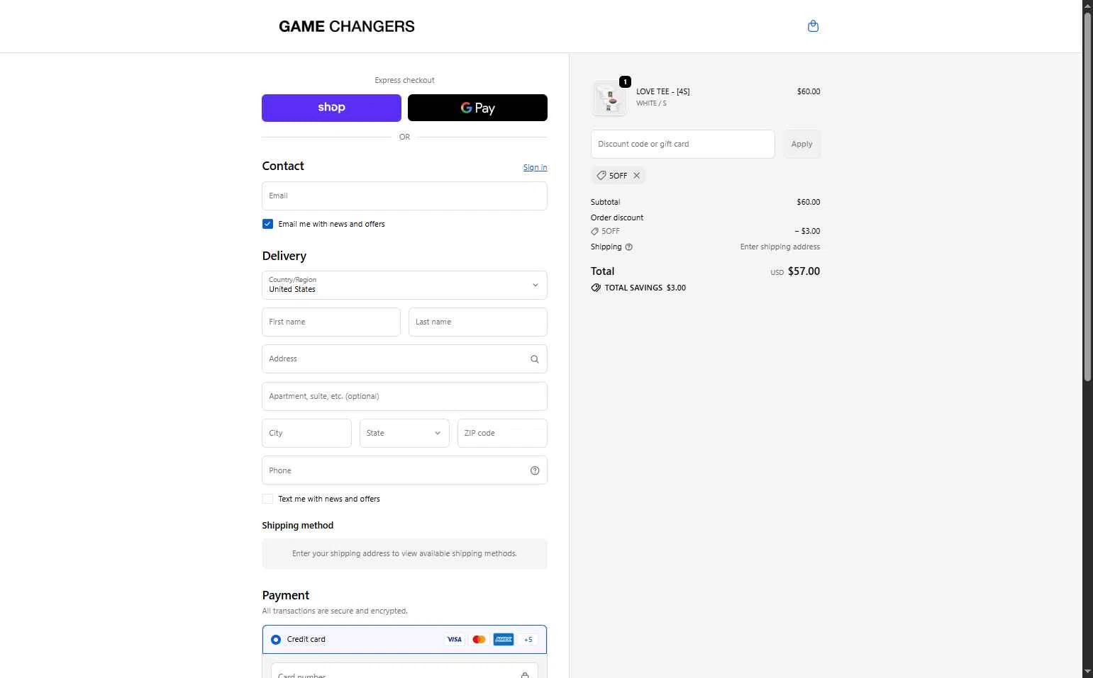 GAME CHANGERS checkout page showing GAME CHANGERS discount code box | Screenshot taken by SimplyCodes community member on Feb 16, 2026