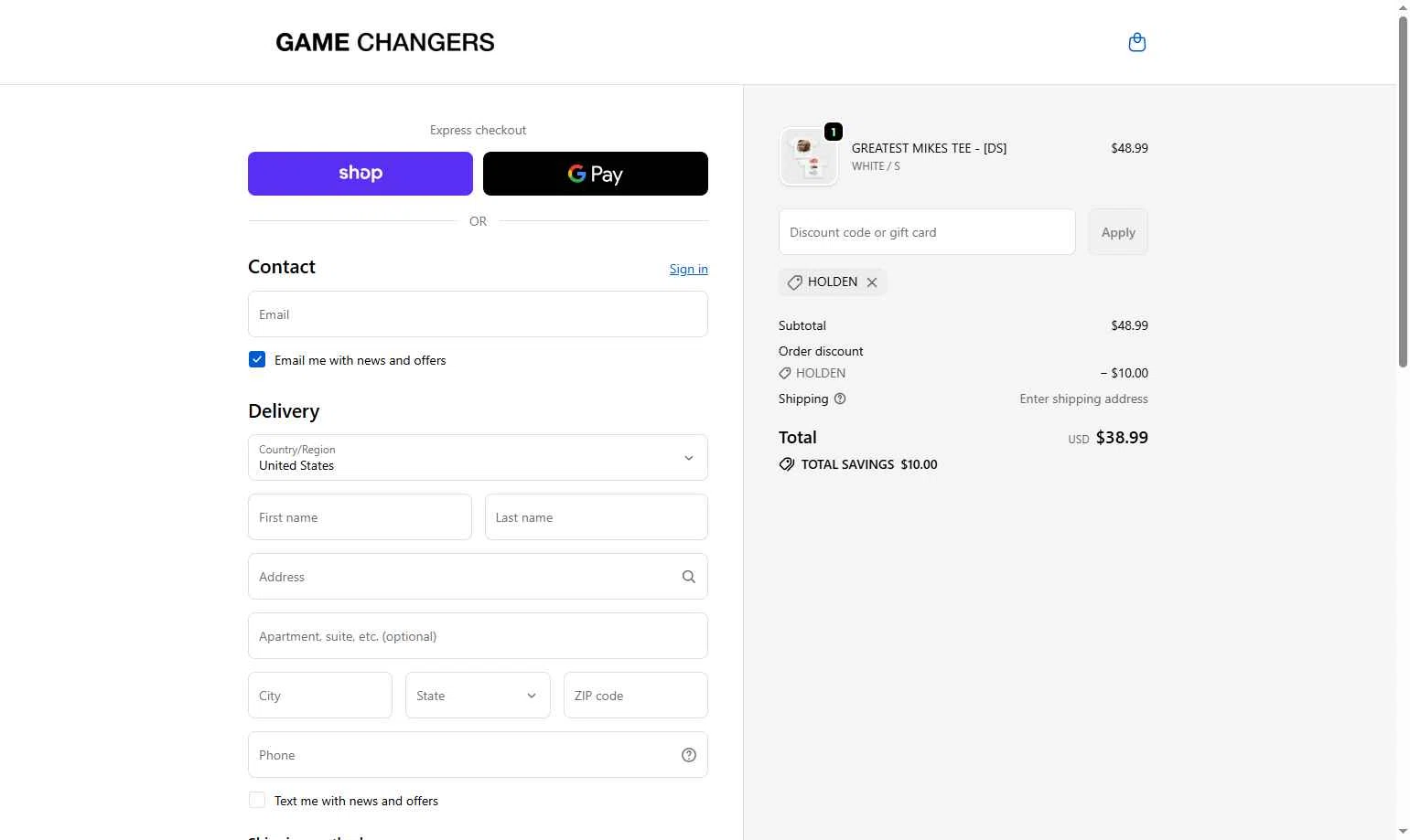 GAME CHANGERS checkout page showing GAME CHANGERS discount code box | Screenshot taken by SimplyCodes community member on Feb 16, 2026