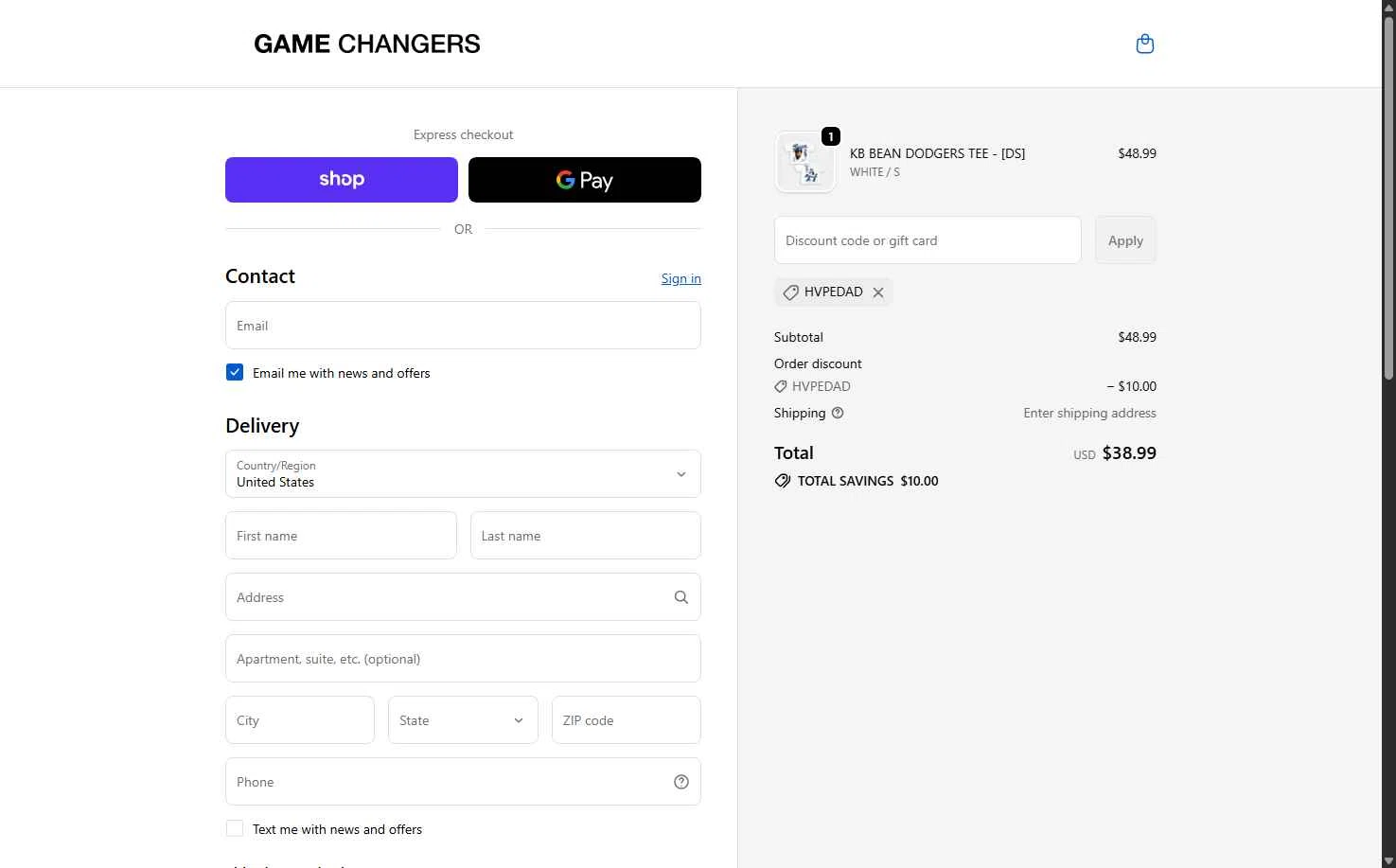 GAME CHANGERS checkout page showing GAME CHANGERS discount code box | Screenshot taken by SimplyCodes community member on Feb 16, 2026