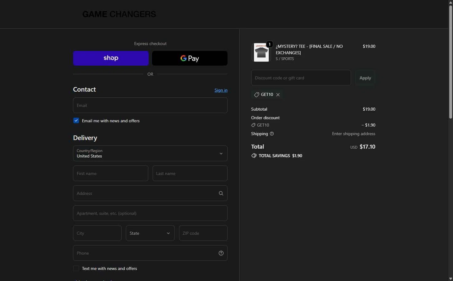 GAME CHANGERS checkout page showing GAME CHANGERS discount code box | Screenshot taken by SimplyCodes community member on Feb 16, 2026