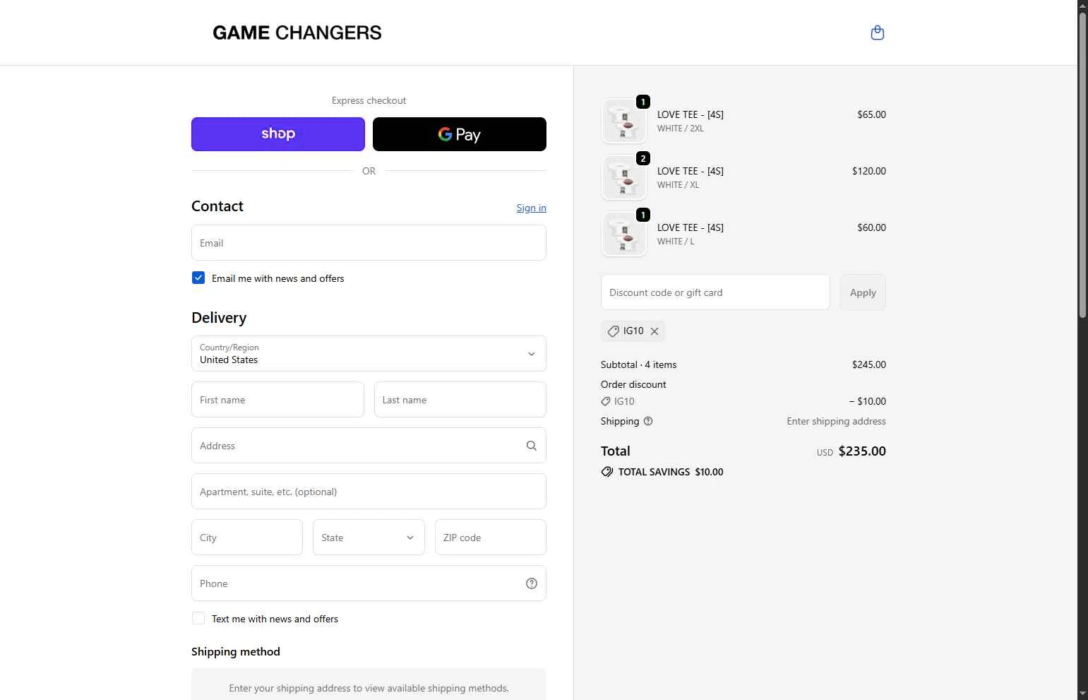 GAME CHANGERS checkout page showing GAME CHANGERS discount code box | Screenshot taken by SimplyCodes community member on Feb 16, 2026