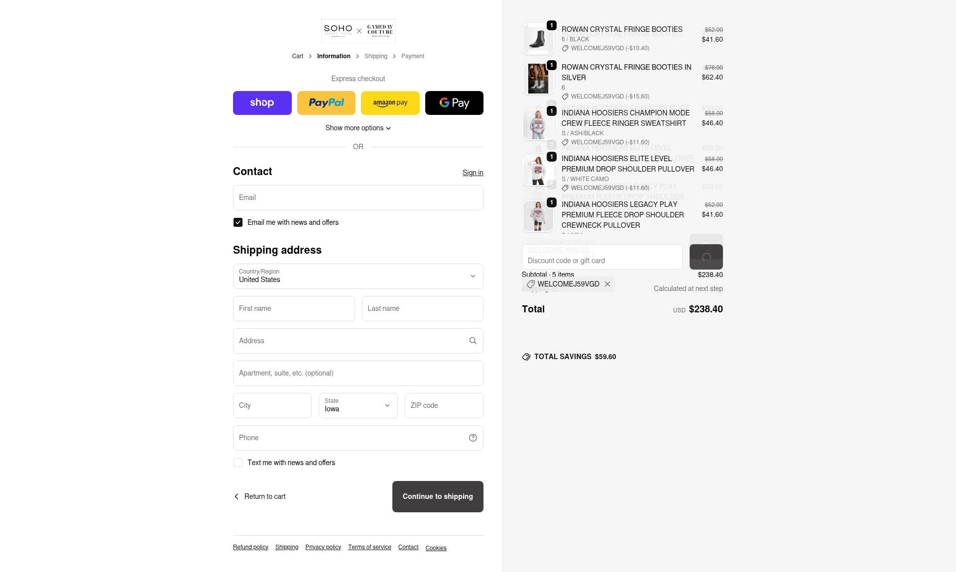 Gameday Couture checkout page showing Gameday Couture coupon code box | Screenshot taken by SimplyCodes community member on Feb 14, 2026