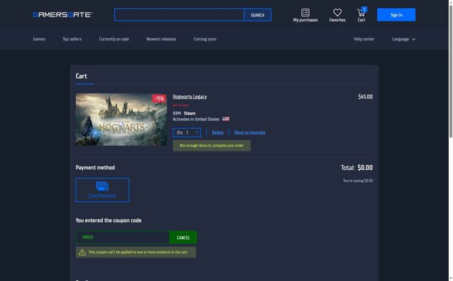 GamersGate checkout page showing GamersGate coupon code box | Screenshot taken by SimplyCodes community member on Aug 25, 2025