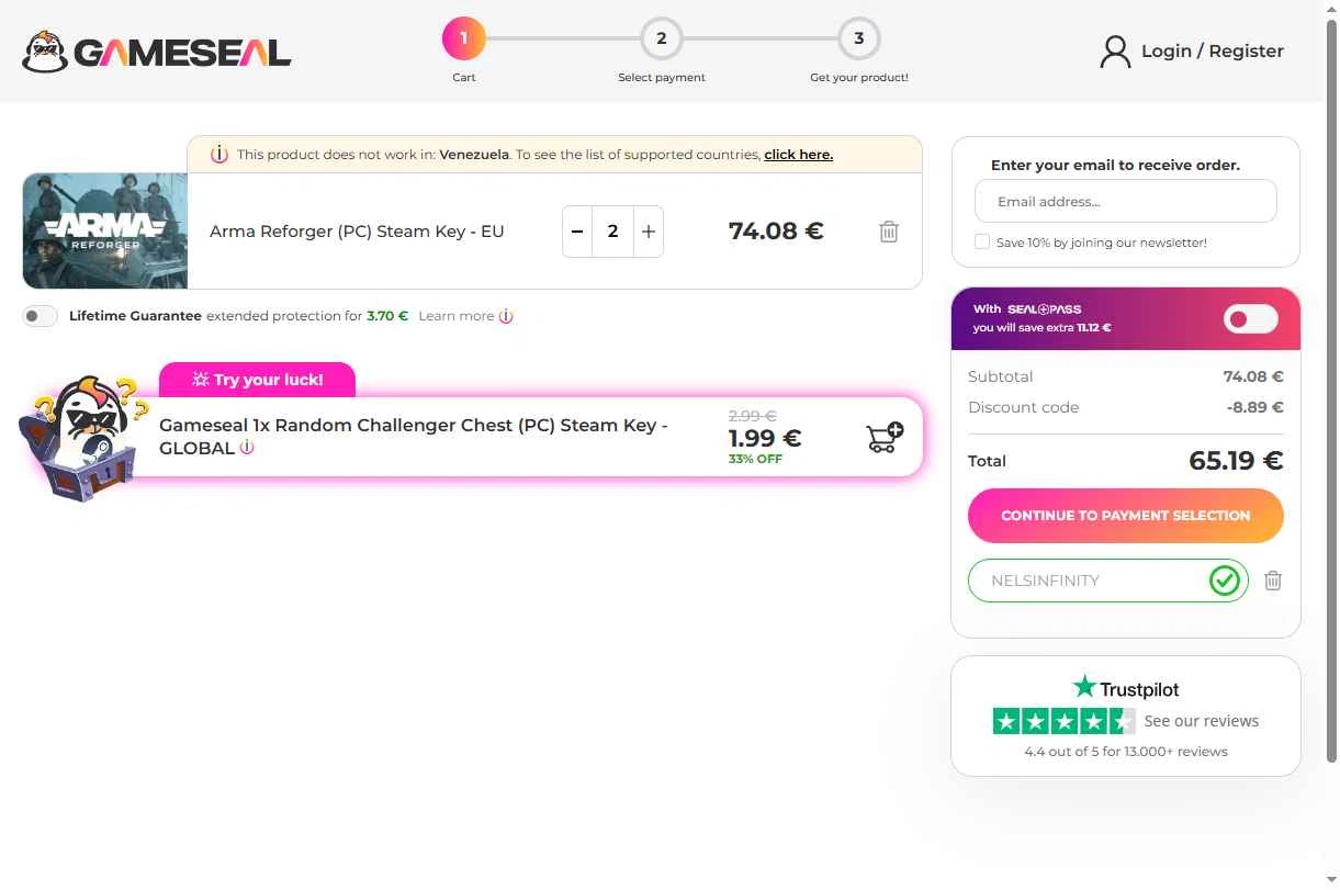 Gameseal.com checkout page showing Gameseal.com discount code box | Screenshot taken by SimplyCodes community member on Feb 11, 2026