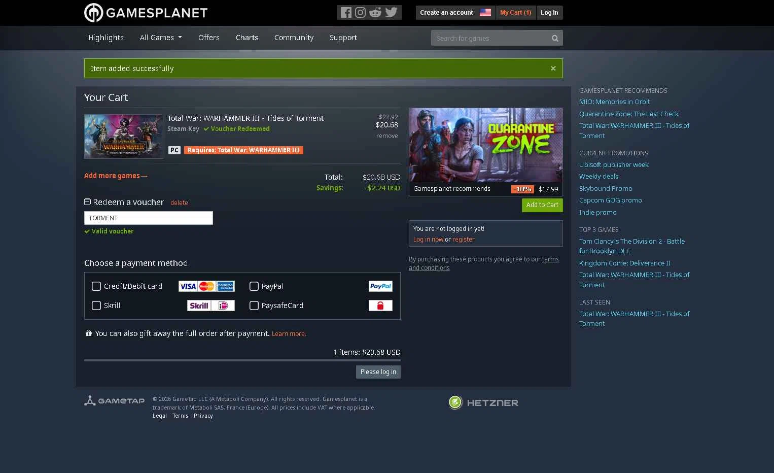 Gamesplanet checkout page showing Gamesplanet promo code box | Screenshot taken by SimplyCodes community member on Jan 15, 2026