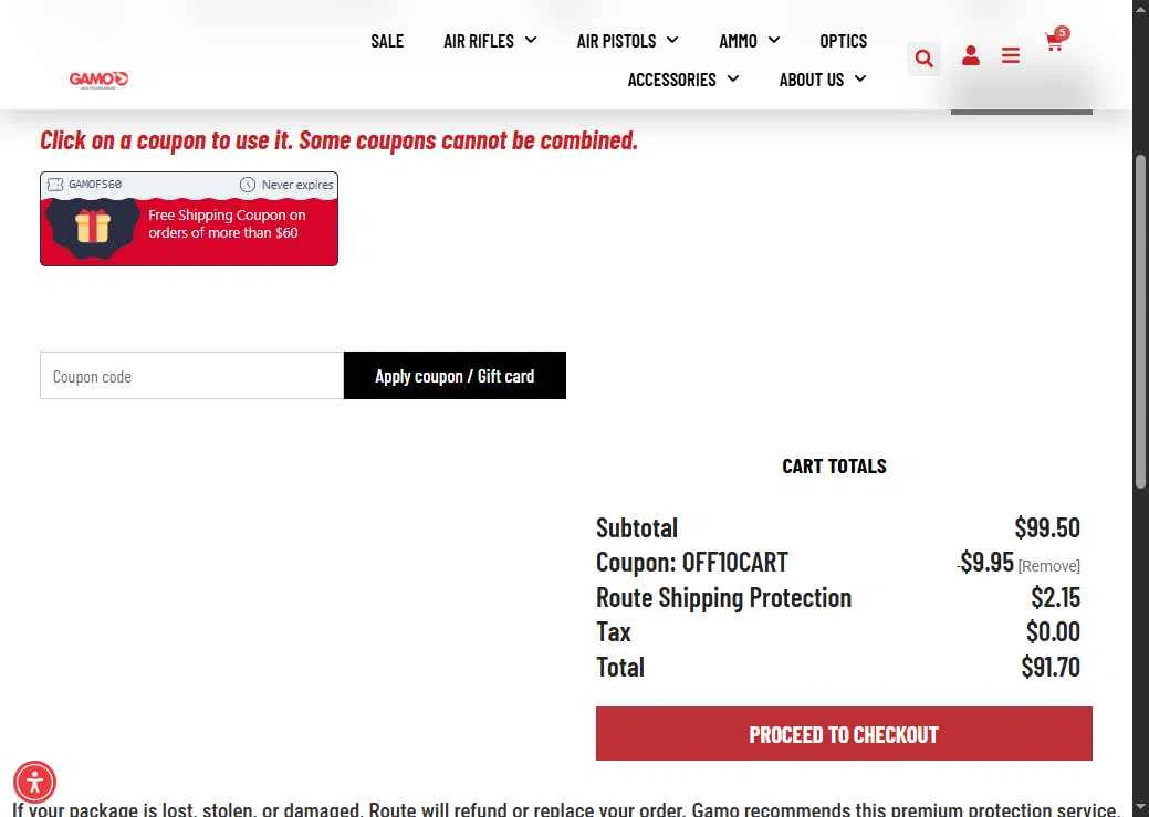 Gamo USA checkout page showing Gamo USA promo code box | Screenshot taken by SimplyCodes community member on Dec 5, 2025