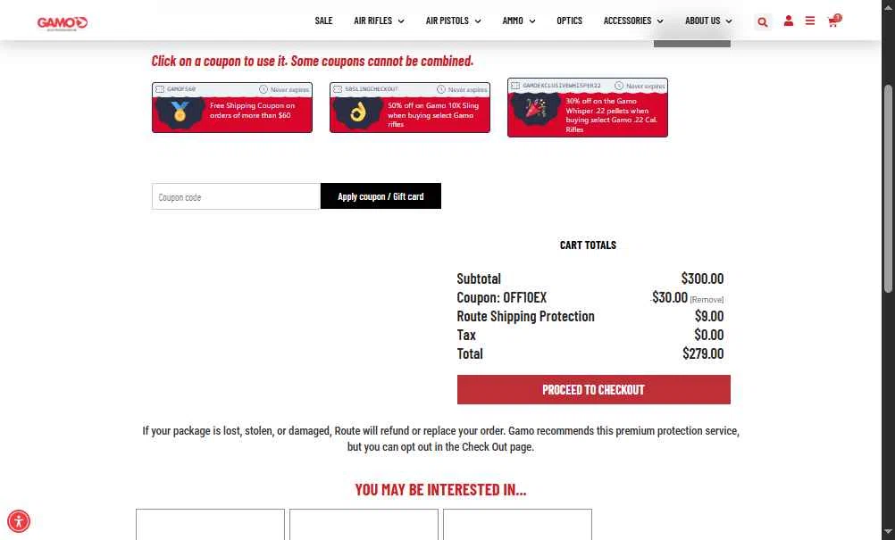 Gamo USA checkout page showing Gamo USA promo code box | Screenshot taken by SimplyCodes community member on Dec 5, 2025