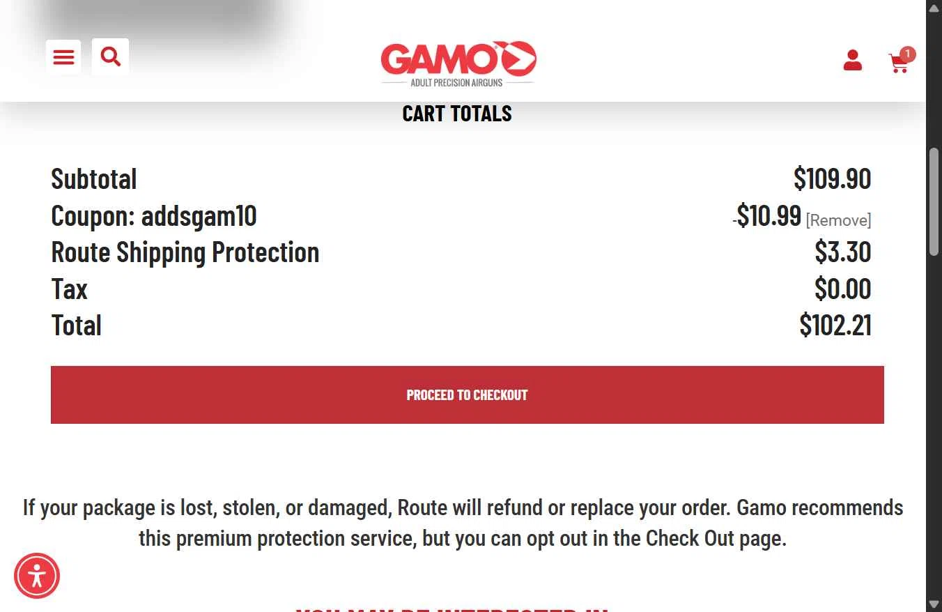 Gamo USA checkout page showing Gamo USA promo code box | Screenshot taken by SimplyCodes community member on Jan 3, 2026
