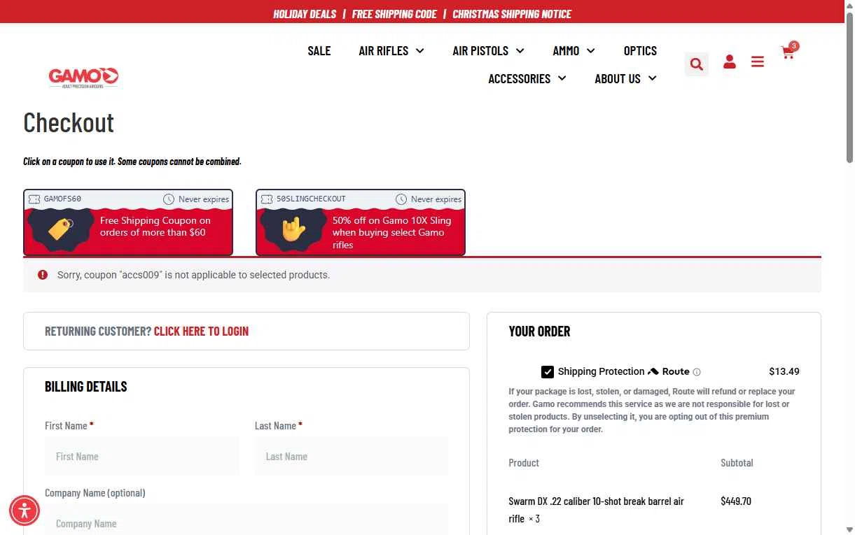 Gamo USA checkout page showing Gamo USA promo code box | Screenshot taken by SimplyCodes community member on Dec 15, 2025