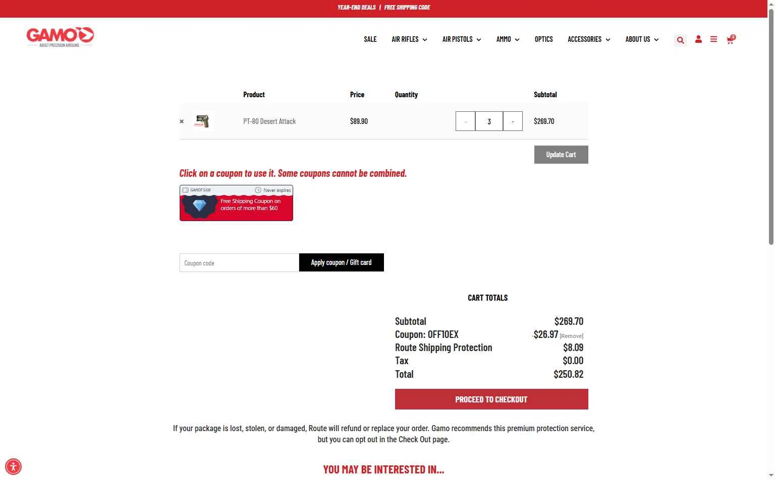 Gamo USA checkout page showing Gamo USA promo code box | Screenshot taken by SimplyCodes community member on Jan 3, 2026