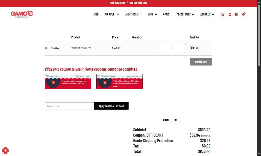 Gamo USA checkout page showing Gamo USA promo code box | Screenshot taken by SimplyCodes community member on Jan 3, 2026