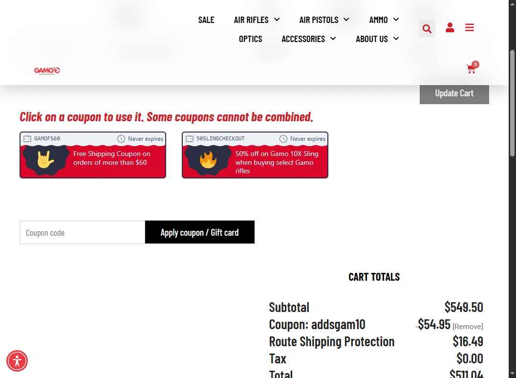 Gamo USA checkout page showing Gamo USA promo code box | Screenshot taken by SimplyCodes community member on Nov 6, 2025