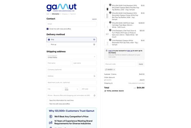 Gamut Packaging checkout page showing Gamut Packaging discount code box | Screenshot taken by SimplyCodes community member on Sep 4, 2025