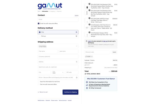 Gamut Packaging checkout page showing Gamut Packaging discount code box | Screenshot taken by SimplyCodes community member on Sep 4, 2025