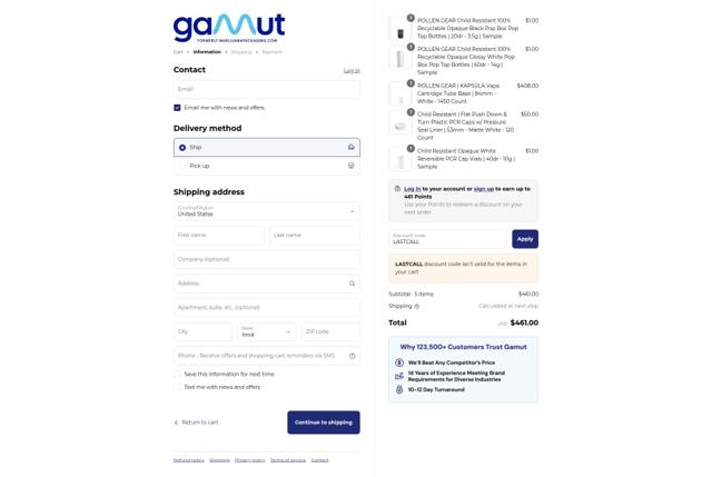 Gamut Packaging checkout page showing Gamut Packaging discount code box | Screenshot taken by SimplyCodes community member on Sep 8, 2025