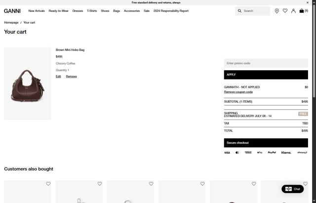 Ganni checkout page showing Ganni discount code box | Screenshot taken by SimplyCodes community member on Jul 4, 2025