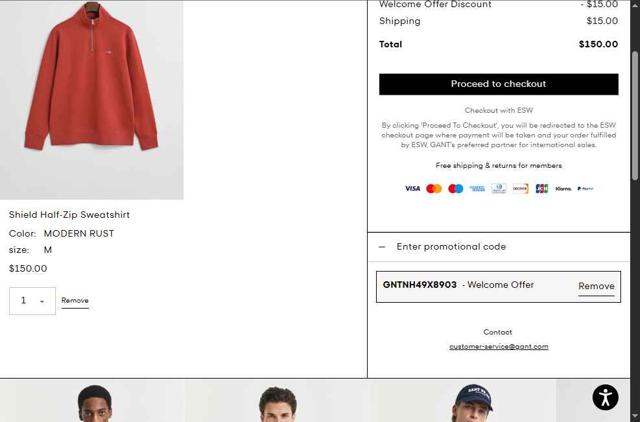 Gant checkout page showing Gant promo code box | Screenshot taken by SimplyCodes community member on Aug 19, 2025