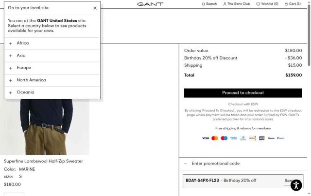 Gant checkout page showing Gant promo code box | Screenshot taken by SimplyCodes community member on Aug 21, 2025