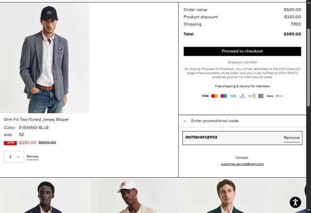 Gant checkout page showing Gant promo code box | Screenshot taken by SimplyCodes community member on Jul 8, 2025