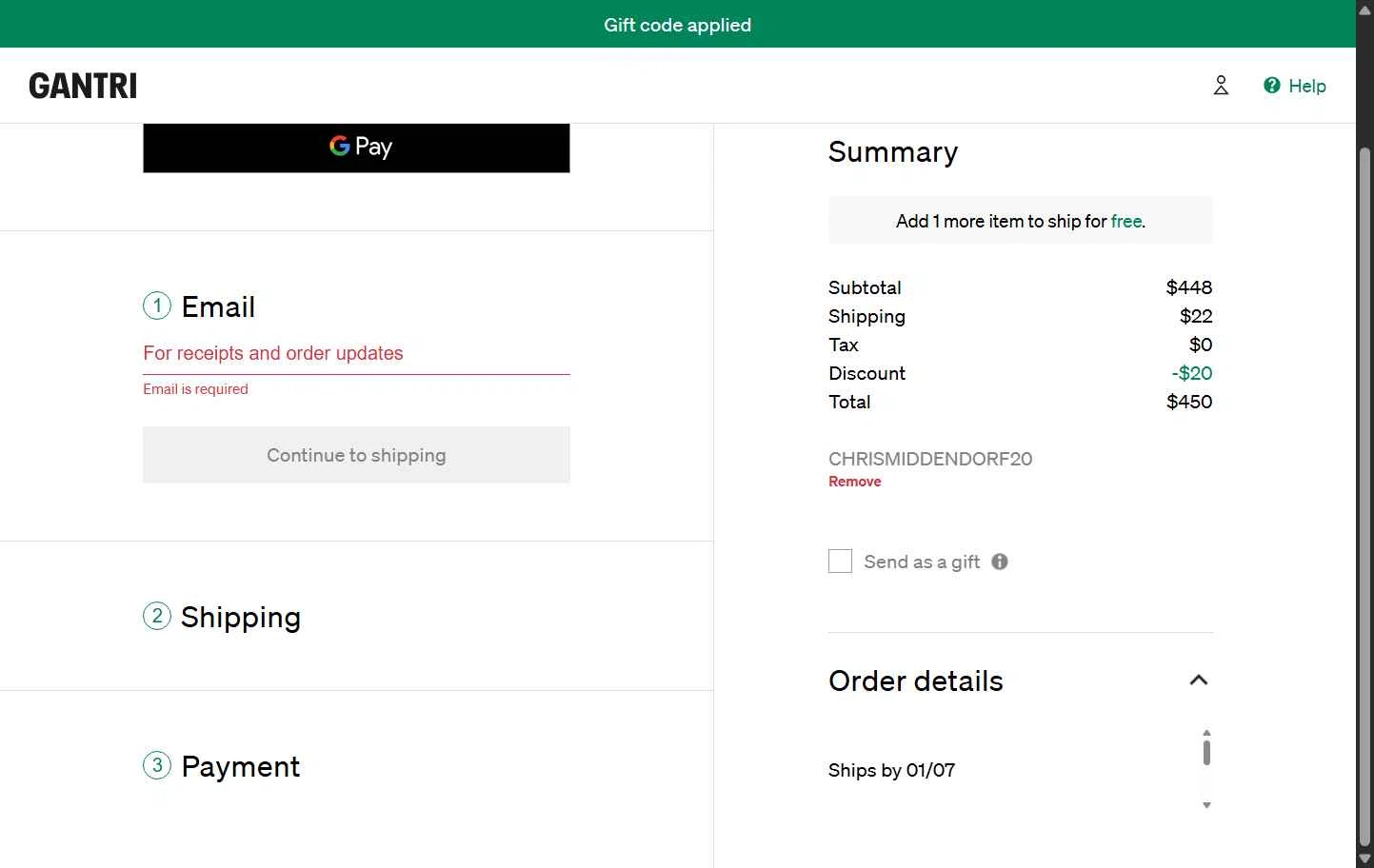 Gantri checkout page showing Gantri discount code box | Screenshot taken by SimplyCodes community member on Dec 8, 2025