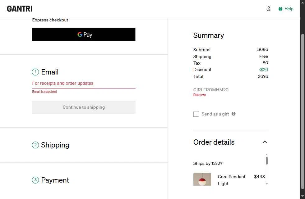 Gantri checkout page showing Gantri discount code box | Screenshot taken by SimplyCodes community member on Dec 20, 2025
