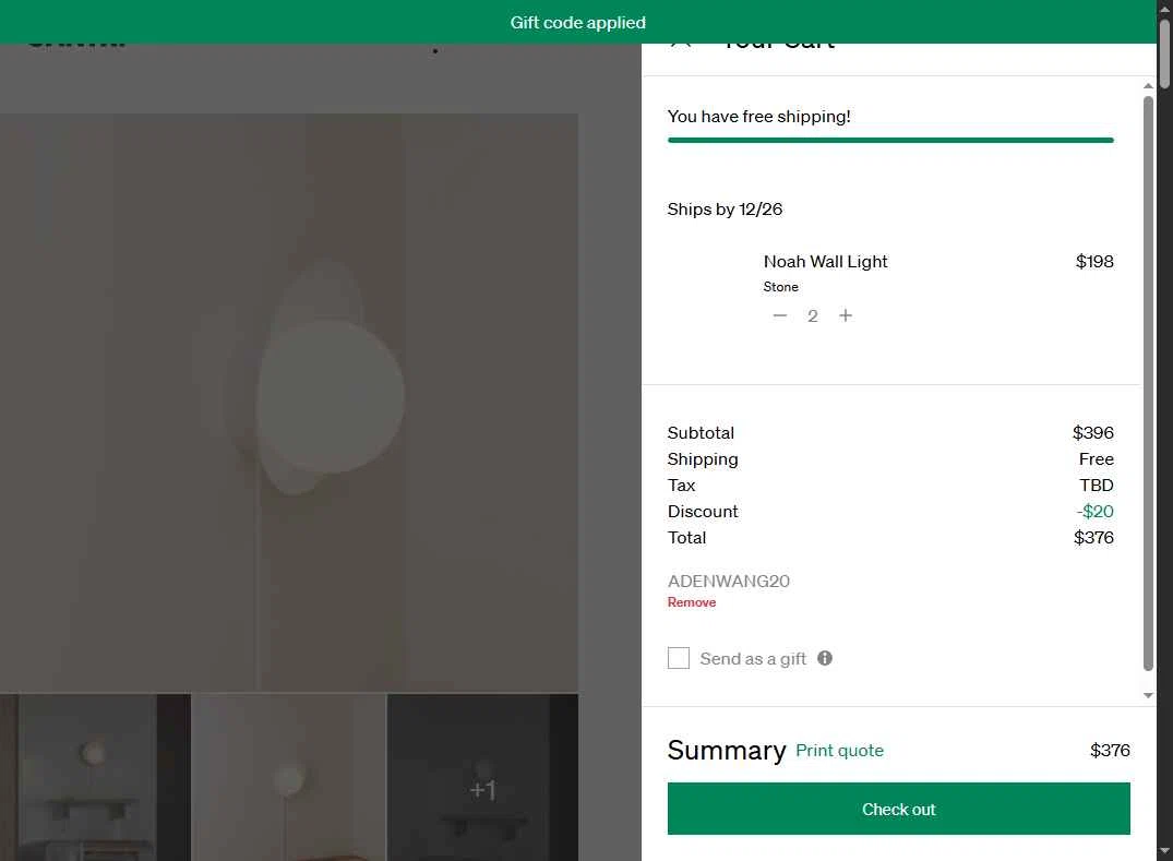 Gantri checkout page showing Gantri discount code box | Screenshot taken by SimplyCodes community member on Dec 11, 2025