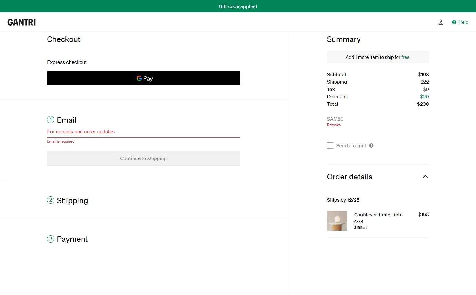 Gantri checkout page showing Gantri discount code box | Screenshot taken by SimplyCodes community member on Dec 14, 2025