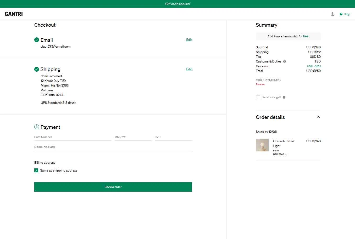 Gantri checkout page showing Gantri discount code box | Screenshot taken by SimplyCodes community member on Nov 21, 2025