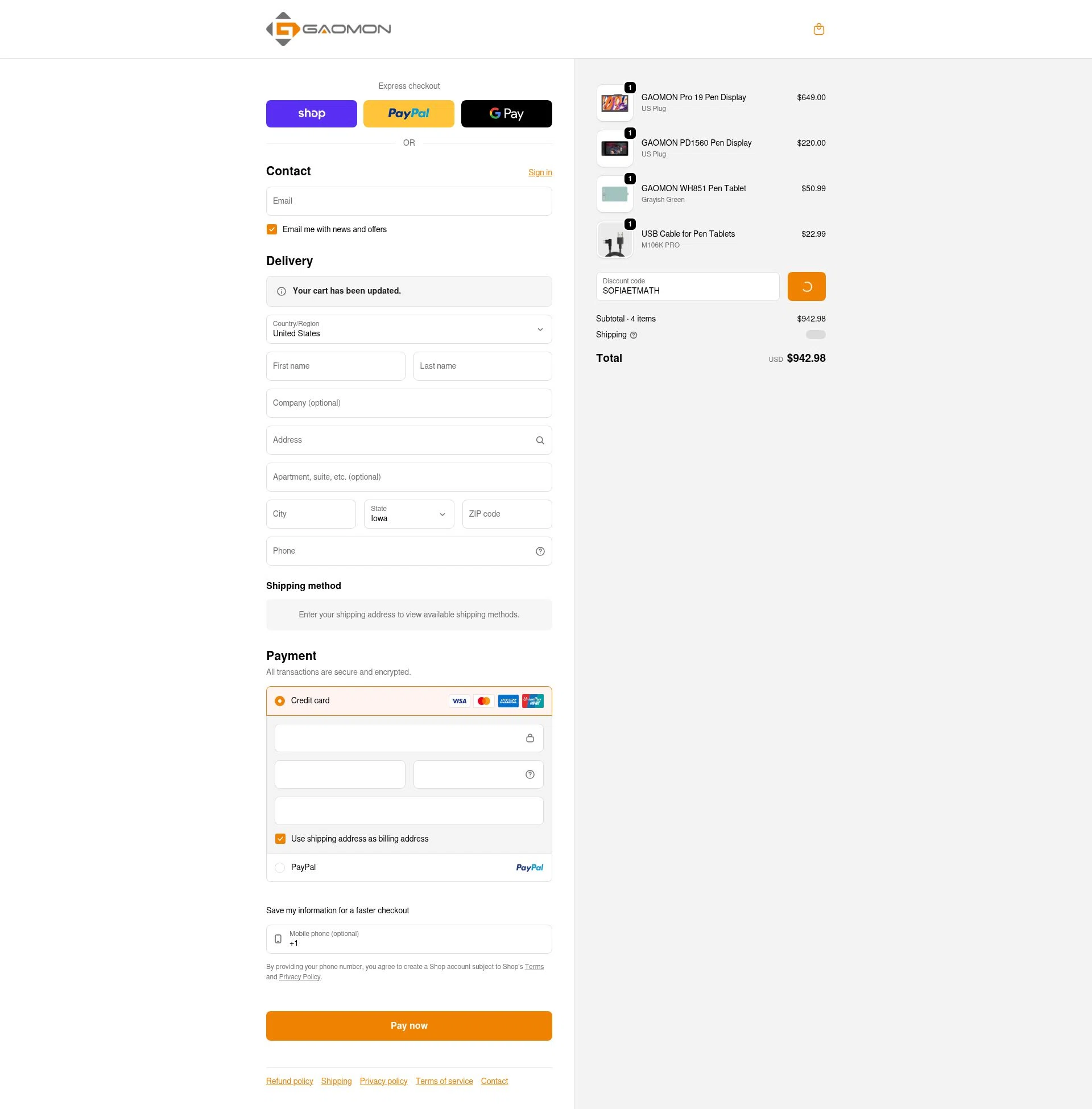 GAOMON checkout page showing GAOMON discount code box | Screenshot taken by SimplyCodes community member on Feb 11, 2026