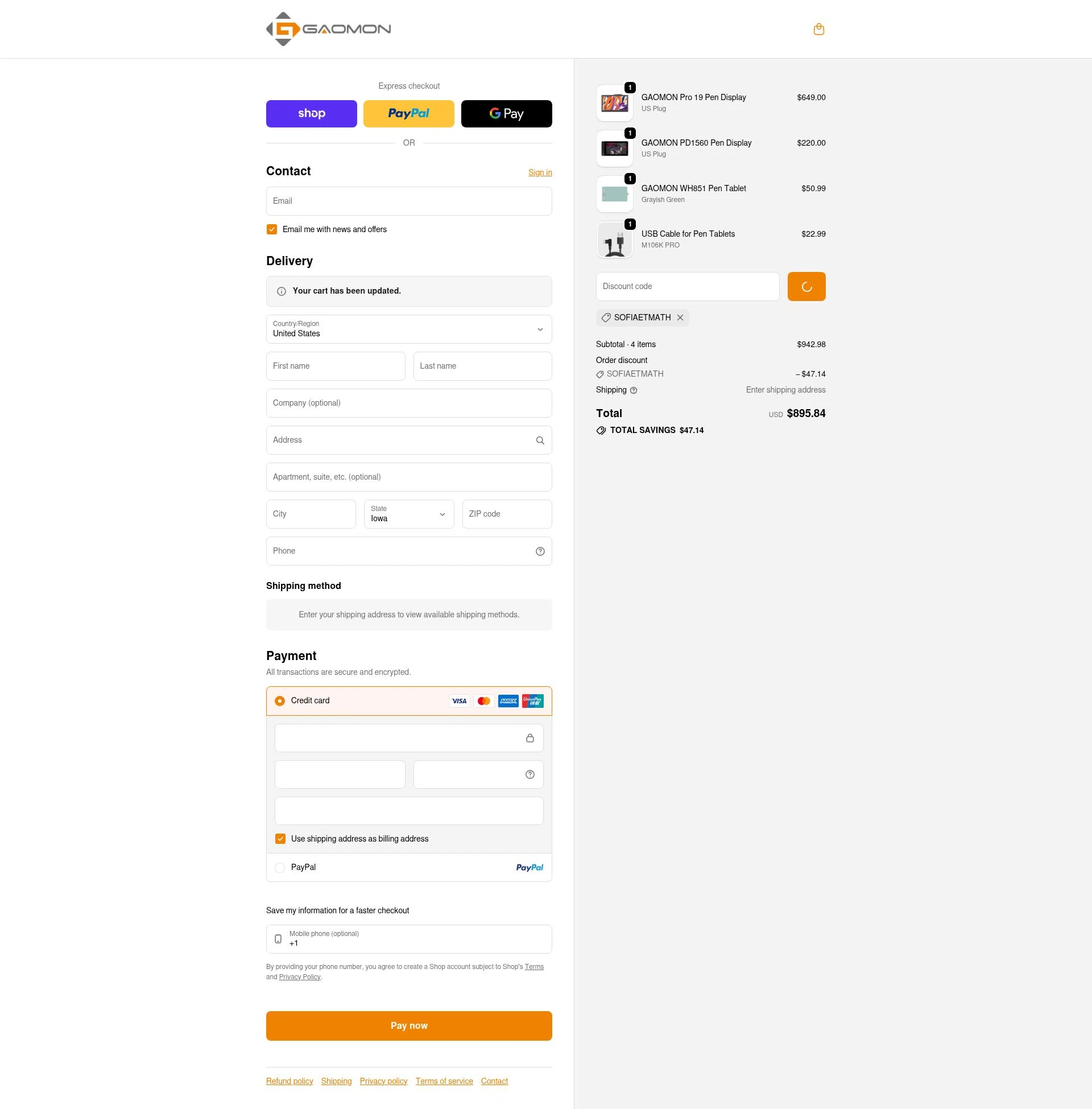 GAOMON checkout page showing GAOMON discount code box | Screenshot taken by SimplyCodes community member on Feb 7, 2026