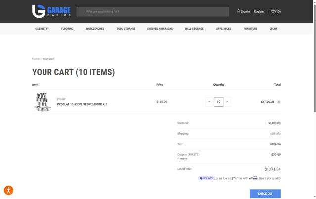 Garage Basics checkout page showing Garage Basics promo code box | Screenshot taken by SimplyCodes community member on Sep 17, 2025
