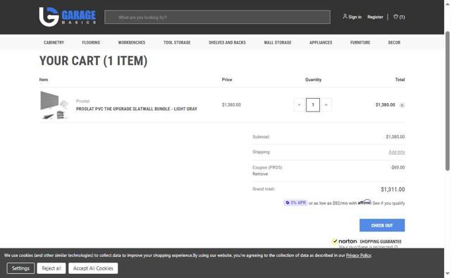 Garage Basics checkout page showing Garage Basics promo code box | Screenshot taken by SimplyCodes community member on Oct 3, 2025